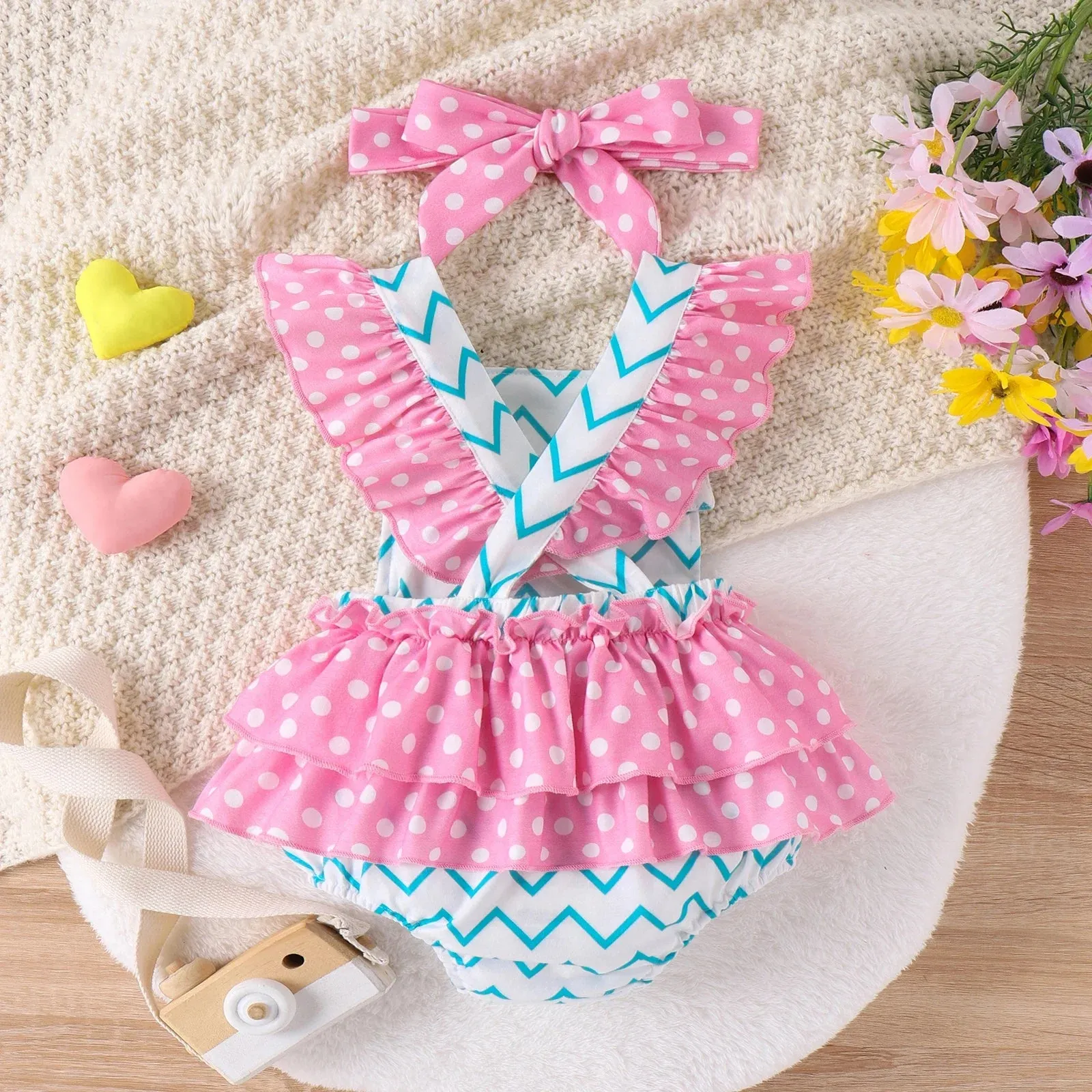 Baby Girls Marine Flutter Sleeve Romper Set Suitable for Summer Season Soft and Comfortable  Perfect for Outings 2pcs