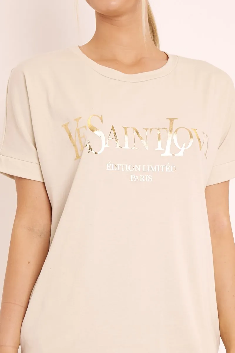 Beige and Gold Parisian Slogan T-shirt Dress - Claire