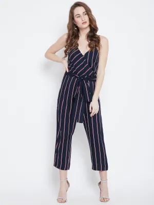 Berrylush Women Navy Blue Striped Pattern V-Neck Waist Tie-Up Culotte Jumpsuit