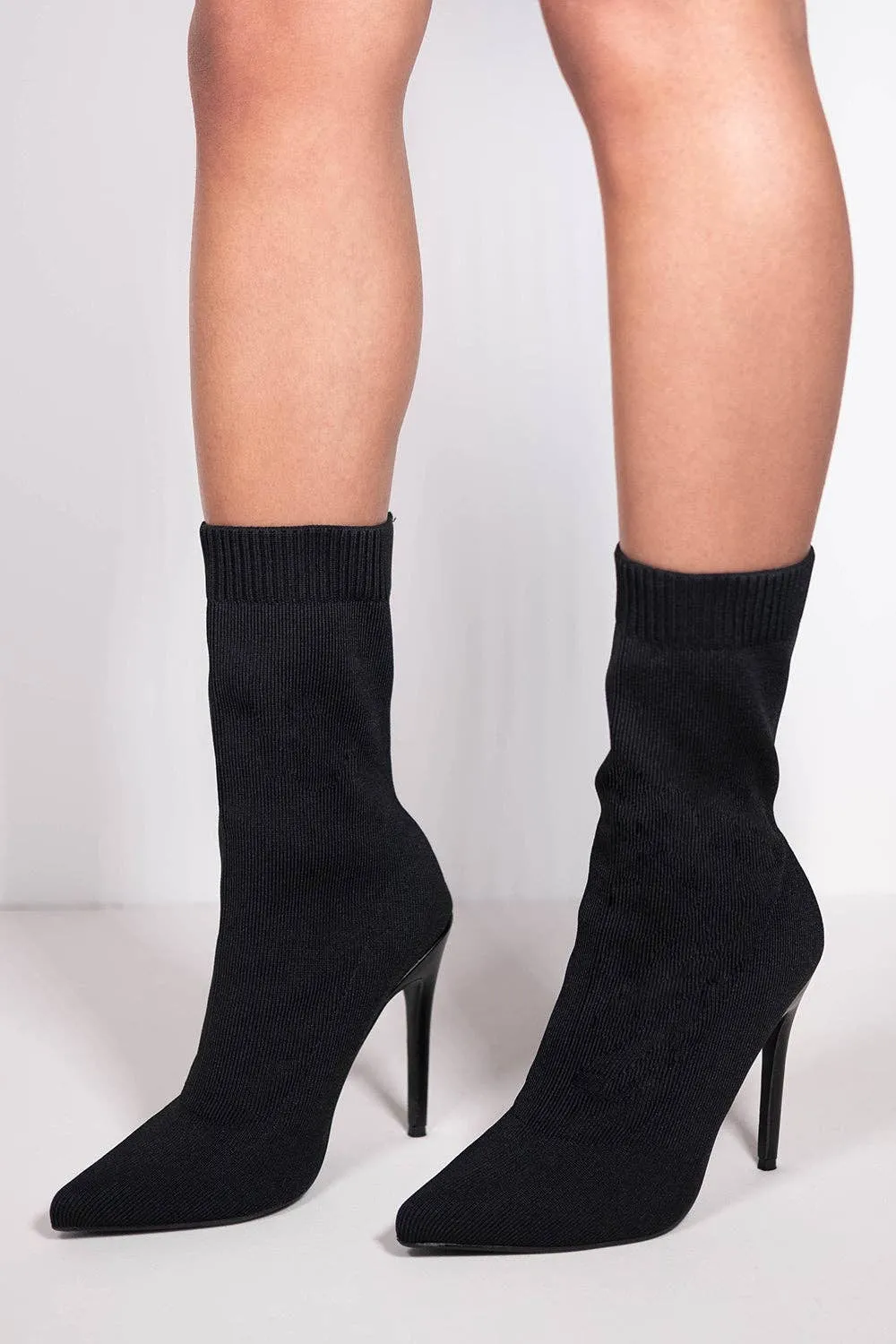 Black High Heel Calf Boot With Knitted Sock *FINAL SALE*