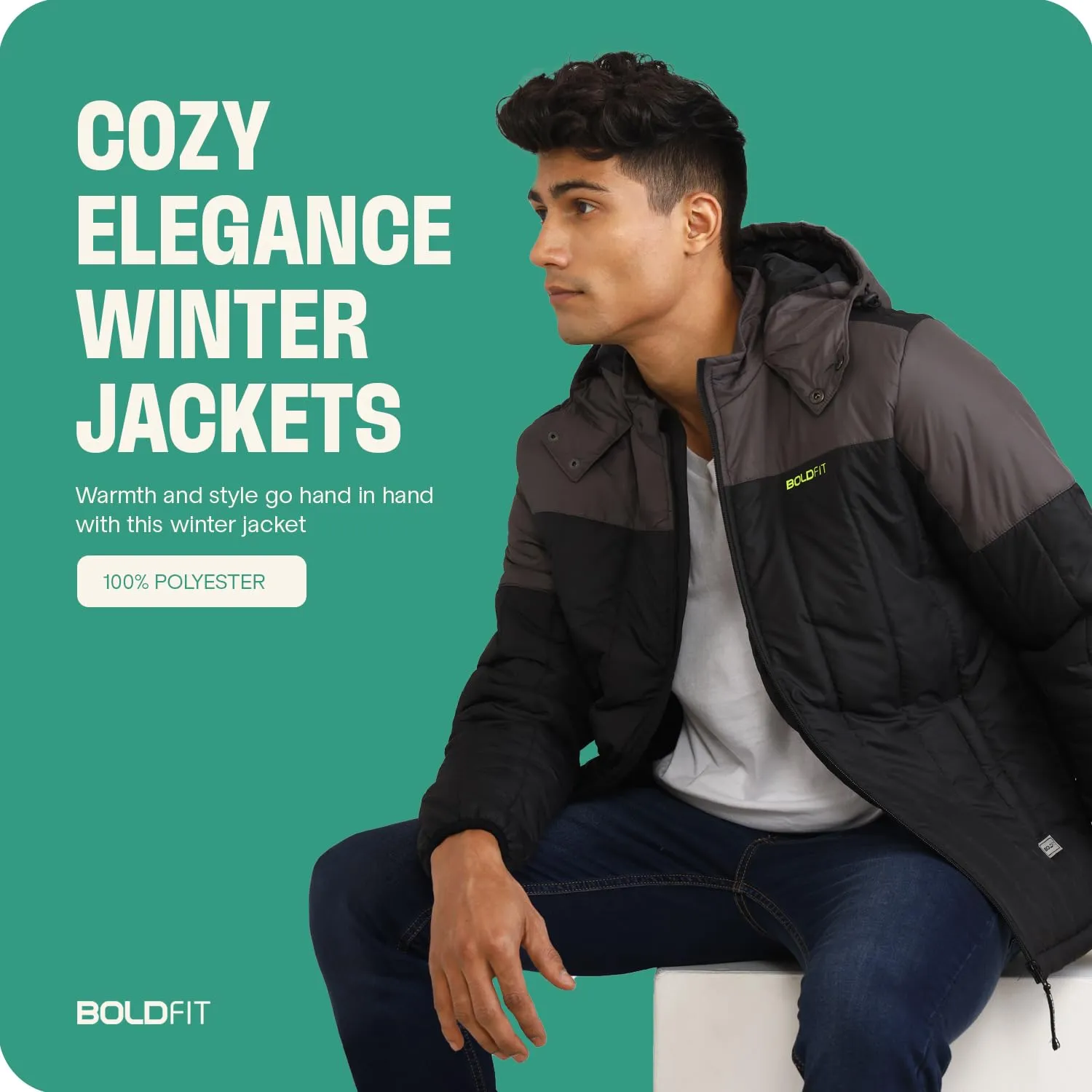 Boldfit Winter Polyester Jacket for Men Quilted Hooded Winter Jackets Full Sleeve Jacket Monsoon All Weather Jacket Wear Bomber Padded Jacket Black Grey XL