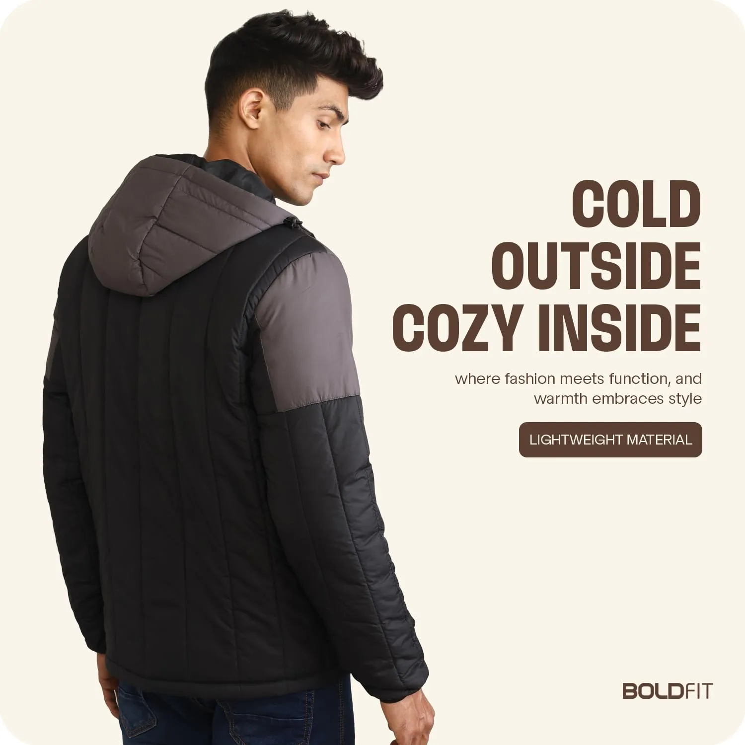 Boldfit Winter Polyester Jacket for Men Quilted Hooded Winter Jackets Full Sleeve Jacket Monsoon All Weather Jacket Wear Bomber Padded Jacket Black Grey XL