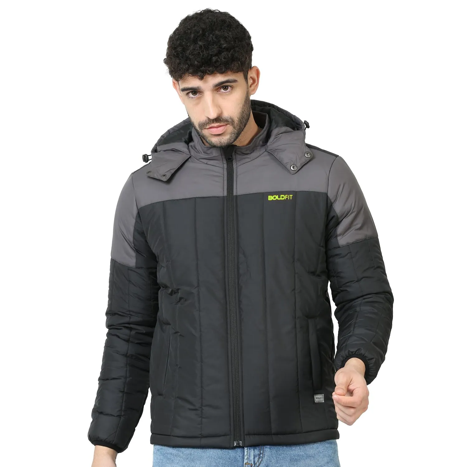 Boldfit Winter Polyester Jacket for Men Quilted Hooded Winter Jackets Full Sleeve Jacket Monsoon All Weather Jacket Wear Bomber Padded Jacket Black Grey XL