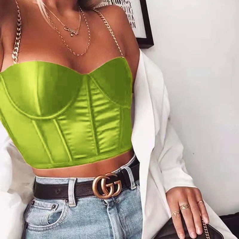 Cryptographic Sleeveless Chain Satin Summer Crop Tops