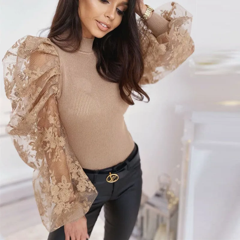 Flower Embroidery Mesh Puff Sleeves Bodysuits