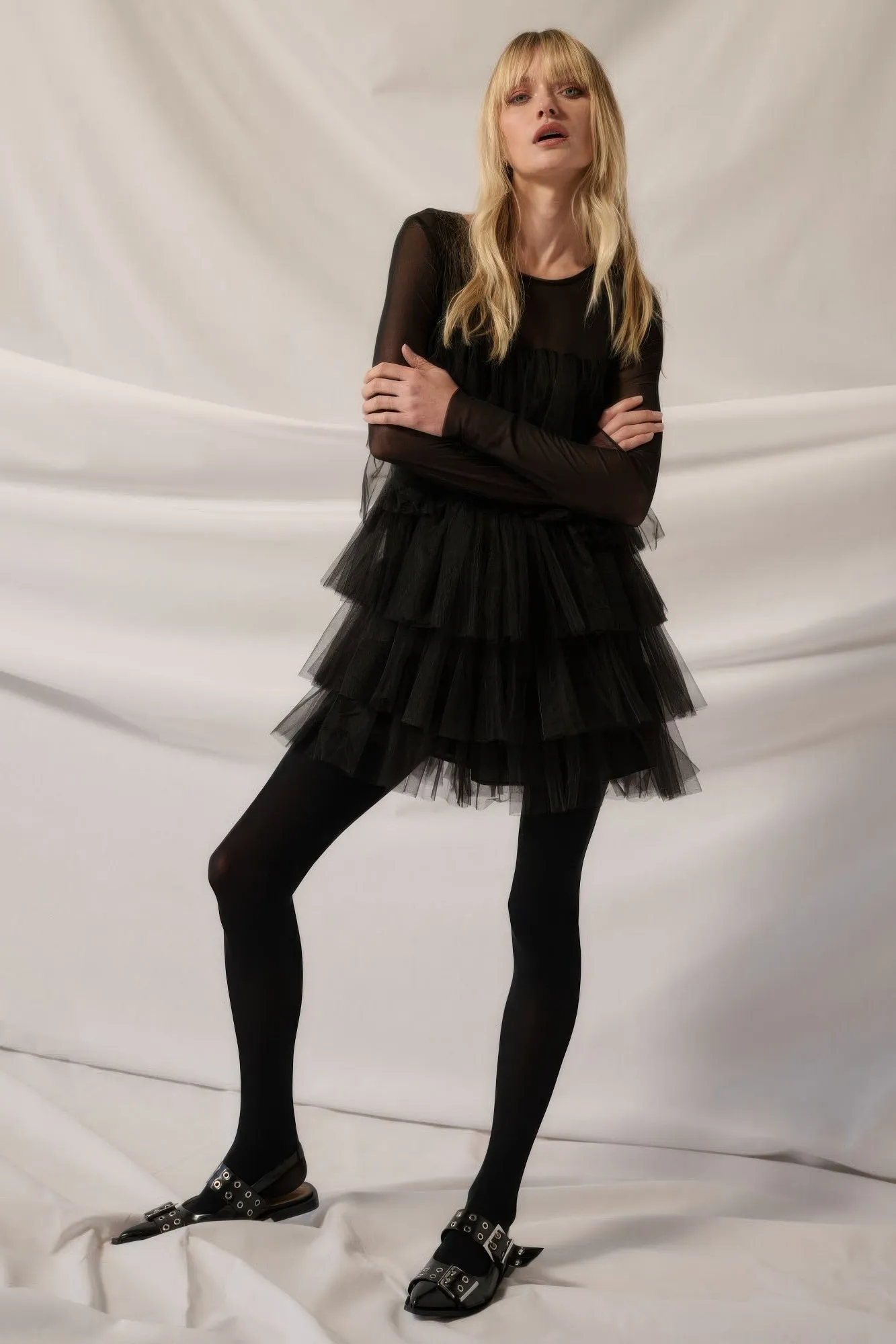 Hot Girl After Dark Mesh Tulle Long Sleeve Romper In Black