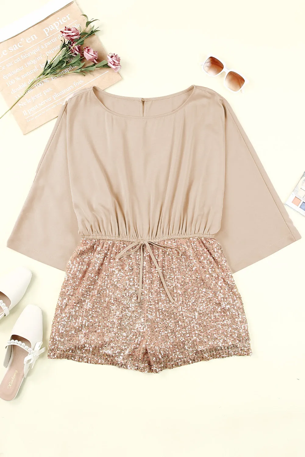 Khaki Sequin Patchwork Drawstring High Waist Romper