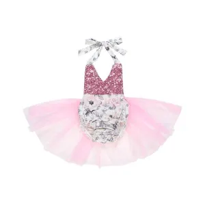 Kryssi Koutue Pink Blush Floral Sequence First Birthday Tutu Romper