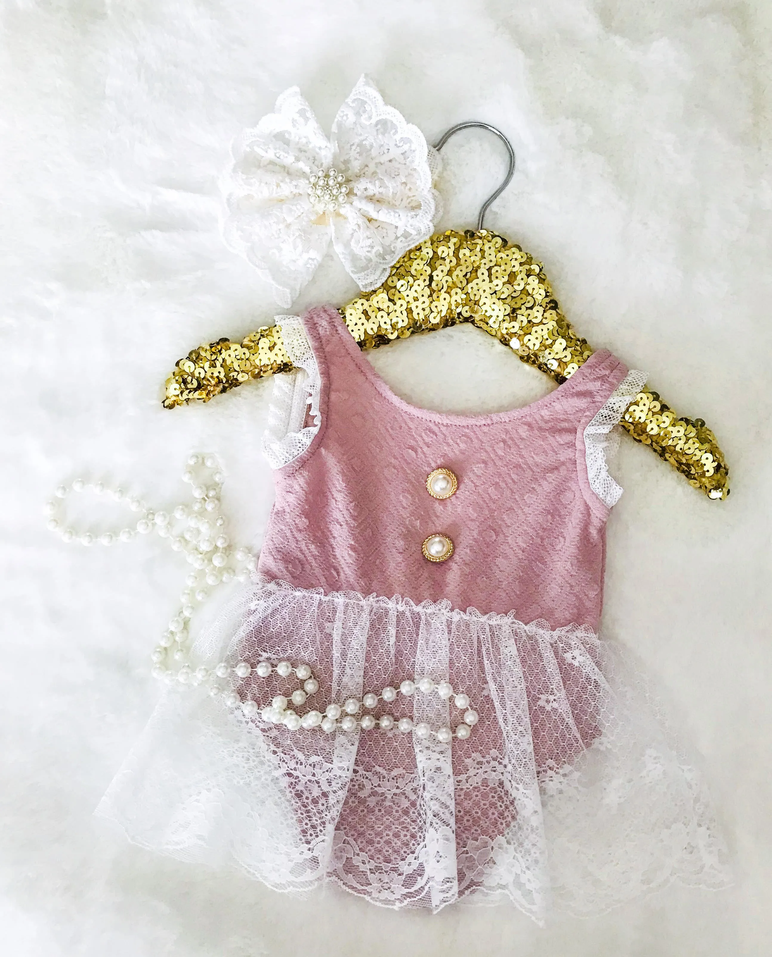 Kryssi Kouture Vintage Rose Lace & Pearl Button Romper Set