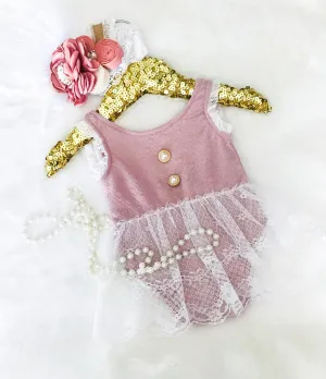 Kryssi Kouture Vintage Rose Lace & Pearl Button Romper Set