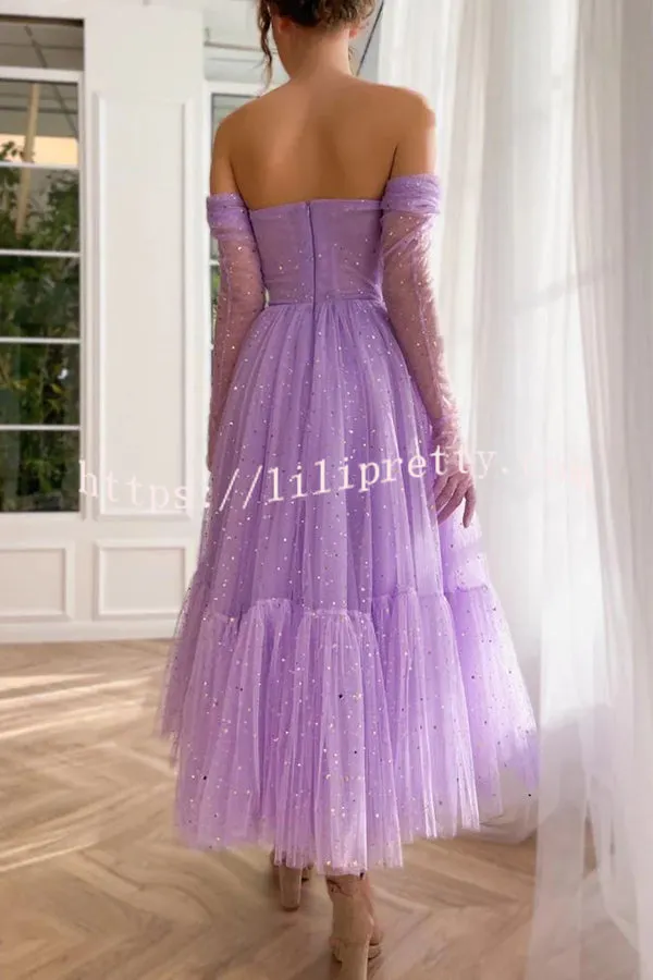 Lilipretty Romantic and Sweet Sequined Tulle Ruched Off Shoulder Layered Midi Dress