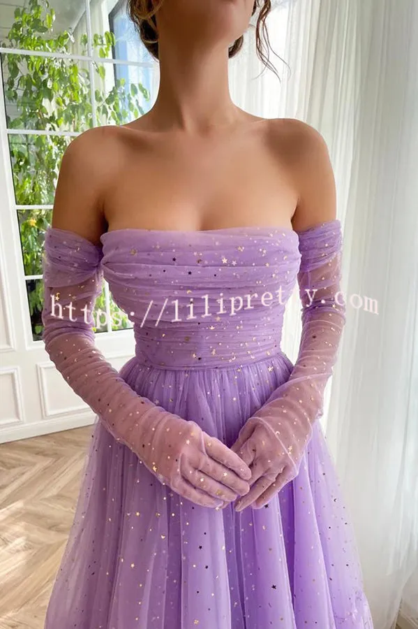 Lilipretty Romantic and Sweet Sequined Tulle Ruched Off Shoulder Layered Midi Dress