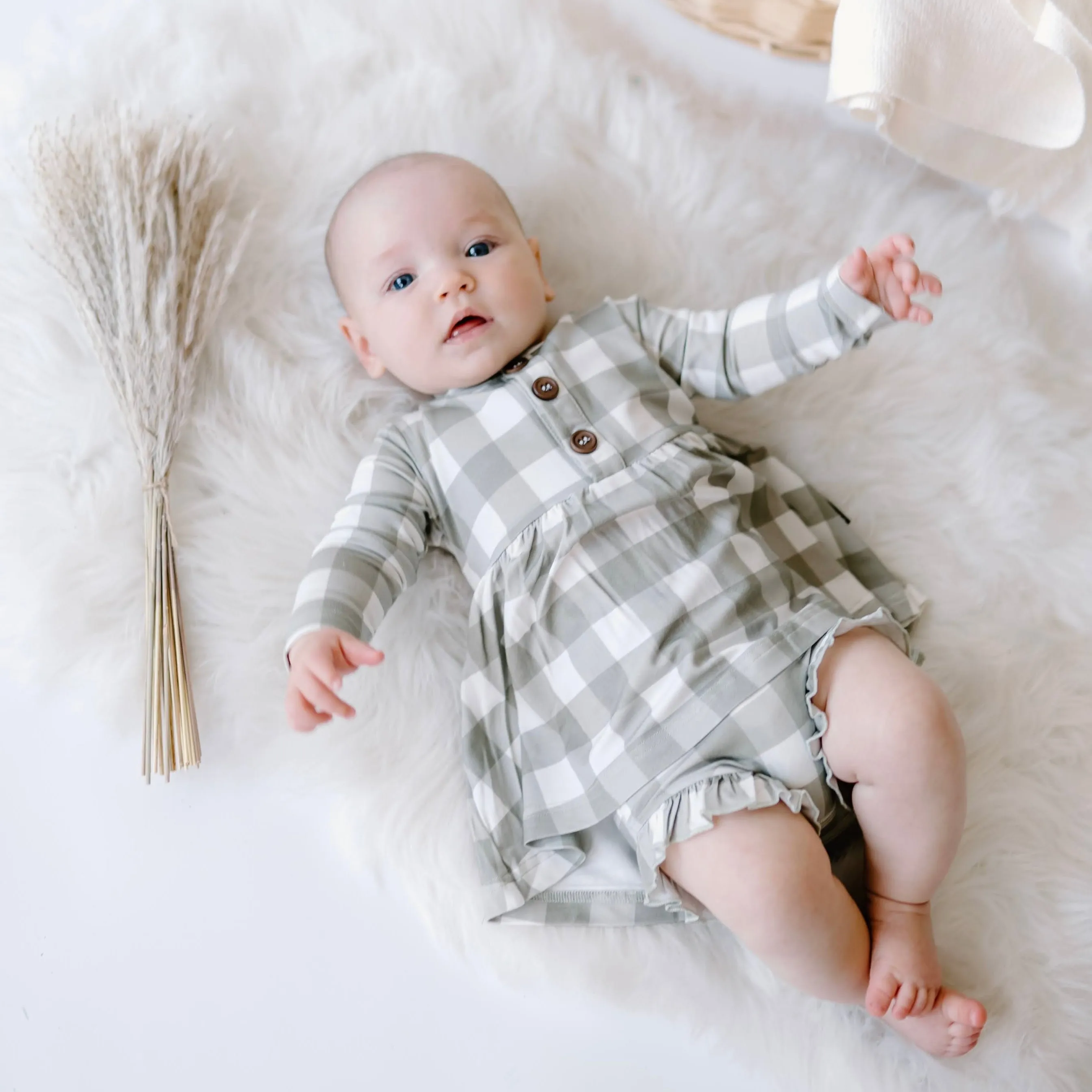 Long Sleeve Peplum Baby Dress - Sage Plaid