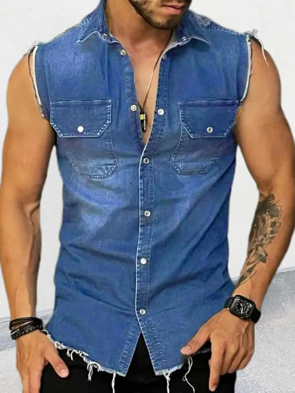 Men's Denim Lapel Sleeveless Shirt Top