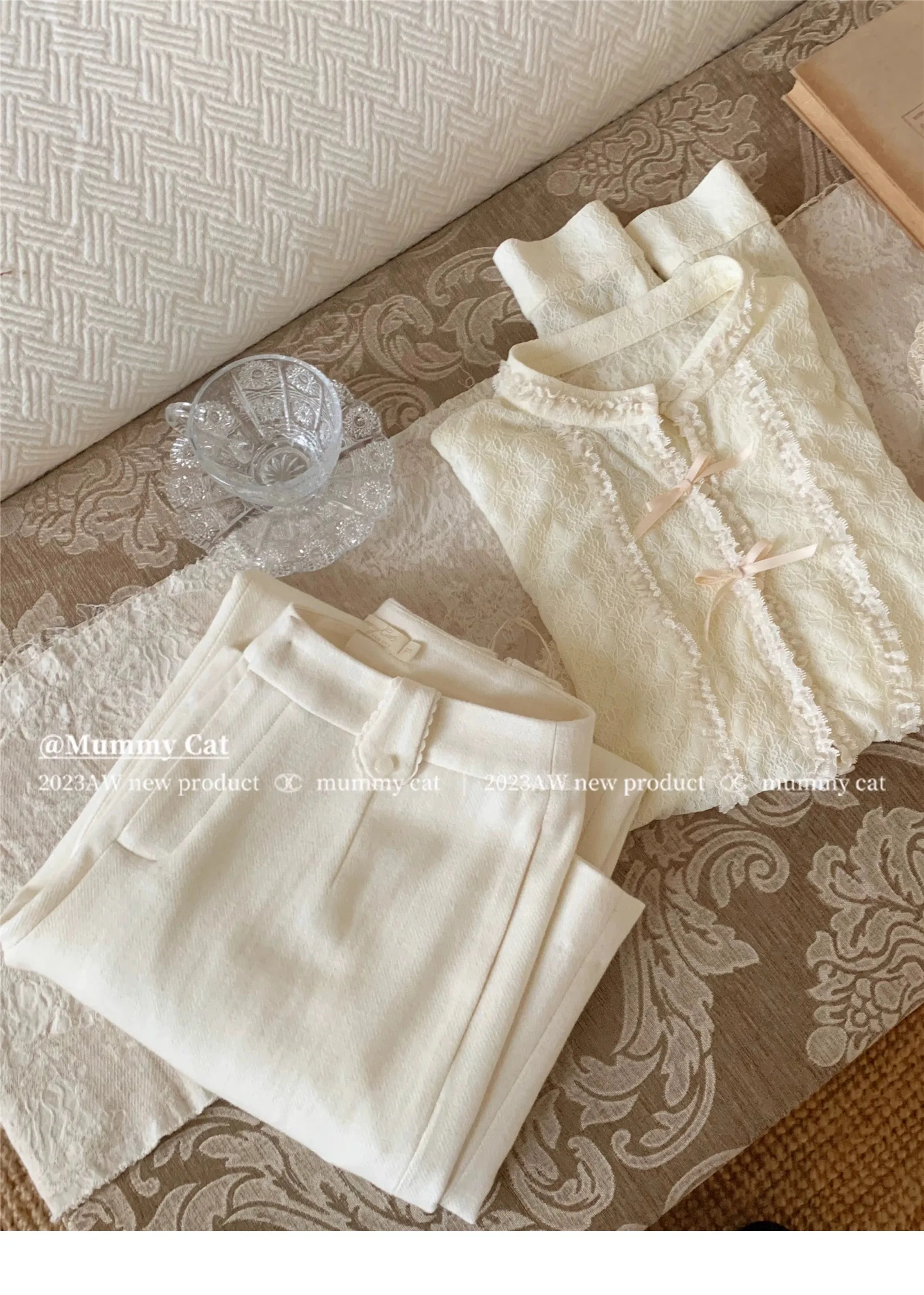 [Mummy Cat] Soft Rose Ribbon Lace Shirt