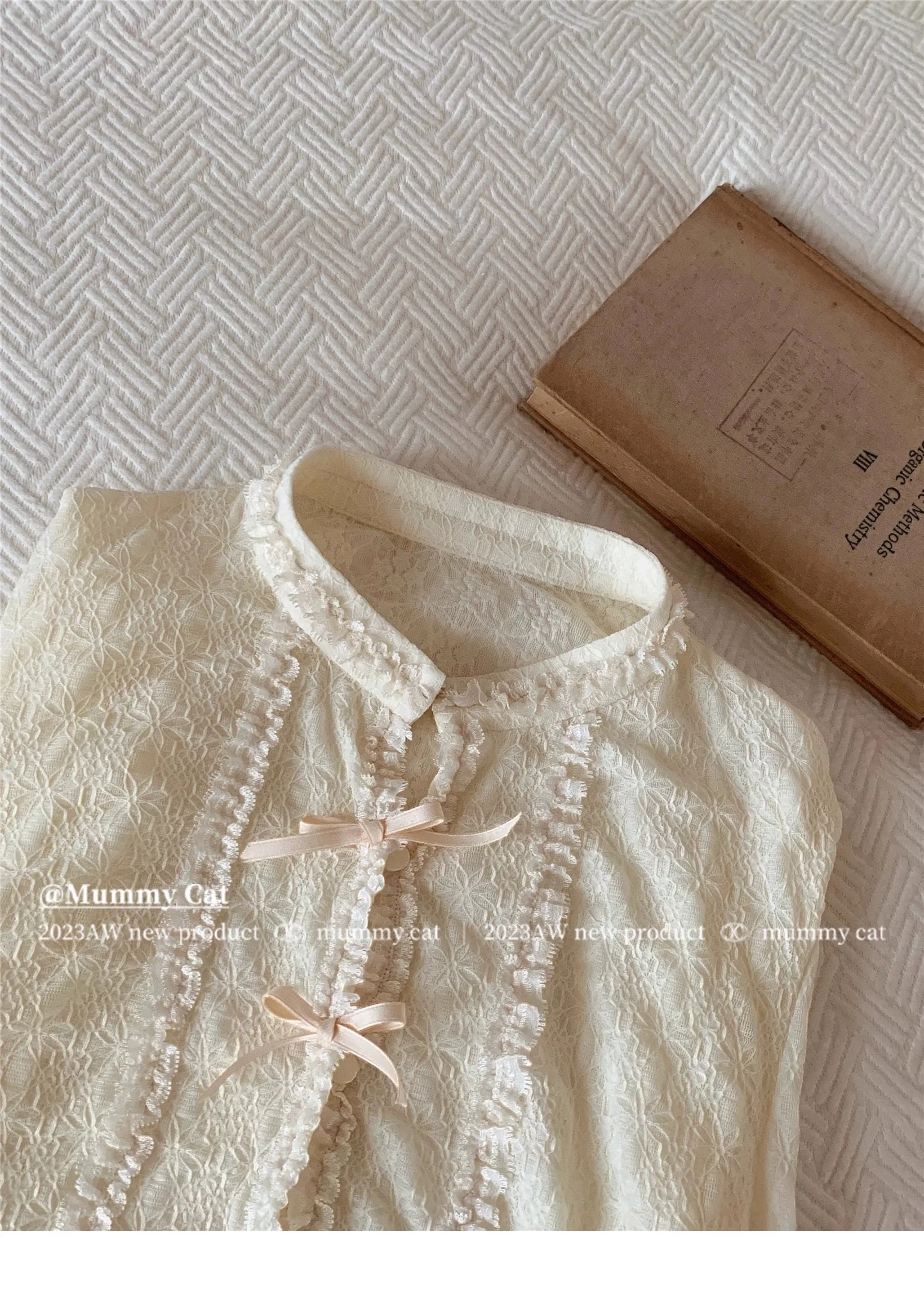 [Mummy Cat] Soft Rose Ribbon Lace Shirt