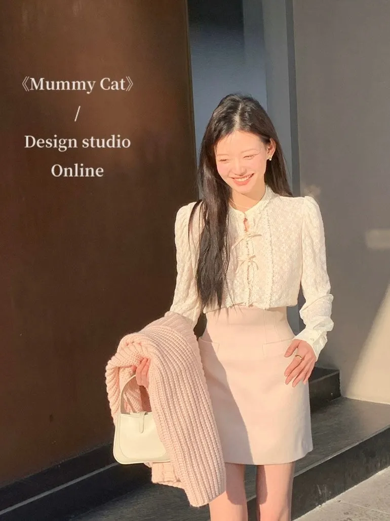 [Mummy Cat] Soft Rose Ribbon Lace Shirt