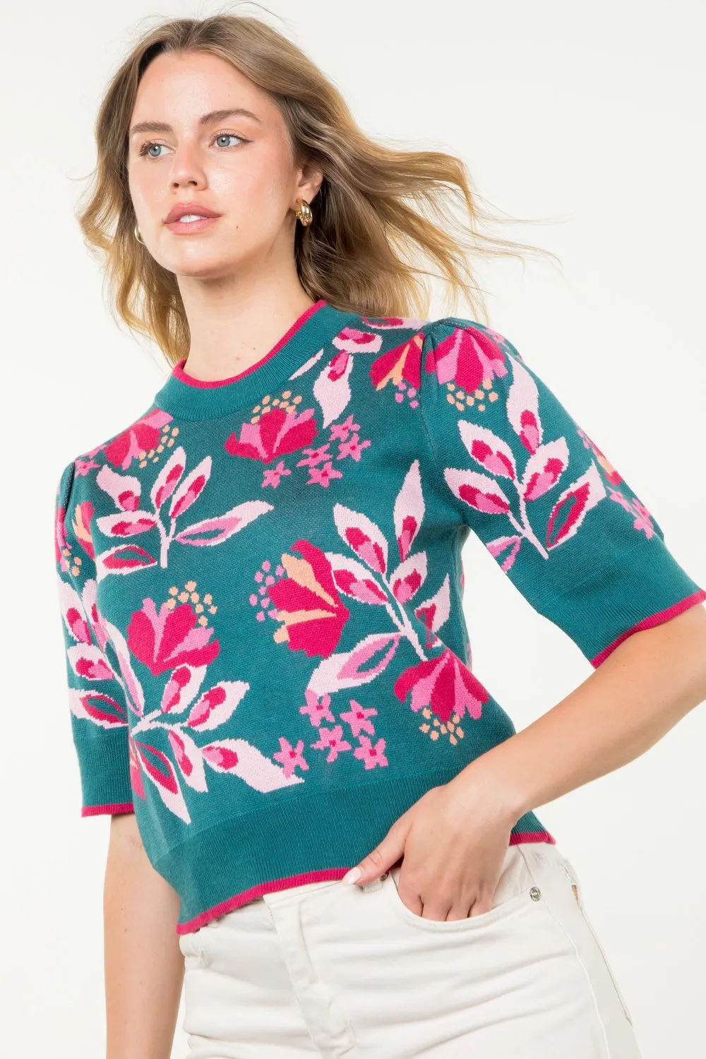 Rossana Floral Knit Short Sleeve THML Top