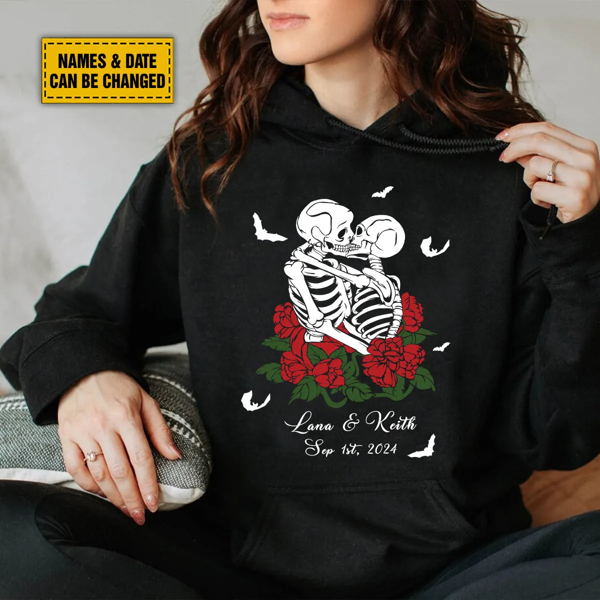 Teesdily | Personalized Spooky Skeleton Shirt, Couple Skeleton Halloween Hoodie Sweatshirt Mug, Skeleton Rose Romantic Couple Matching, Halloween Gift