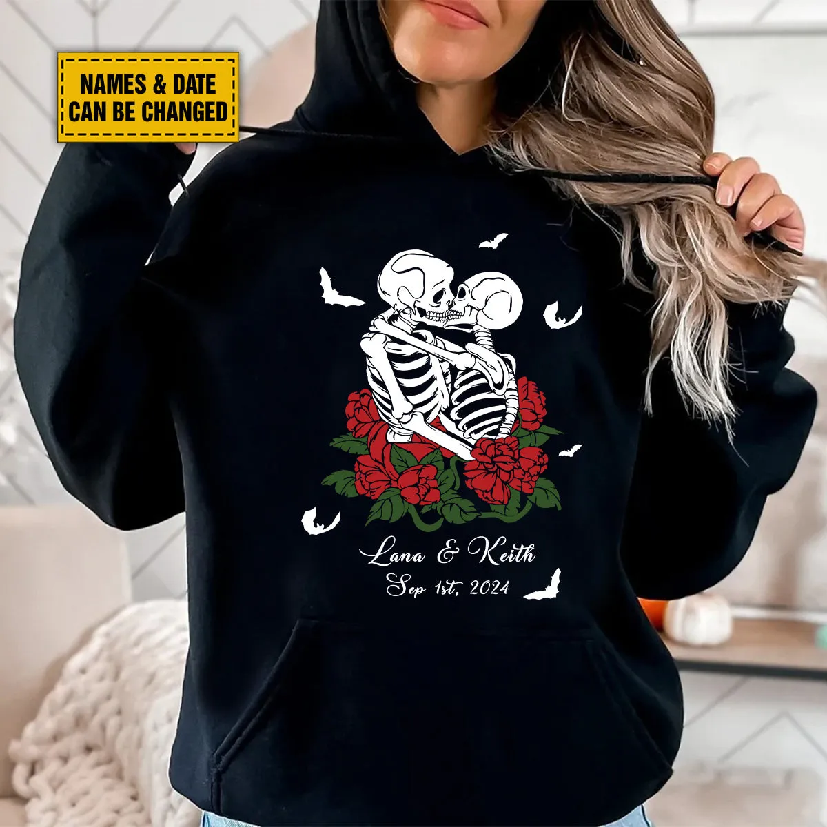 Teesdily | Personalized Spooky Skeleton Shirt, Couple Skeleton Halloween Hoodie Sweatshirt Mug, Skeleton Rose Romantic Couple Matching, Halloween Gift