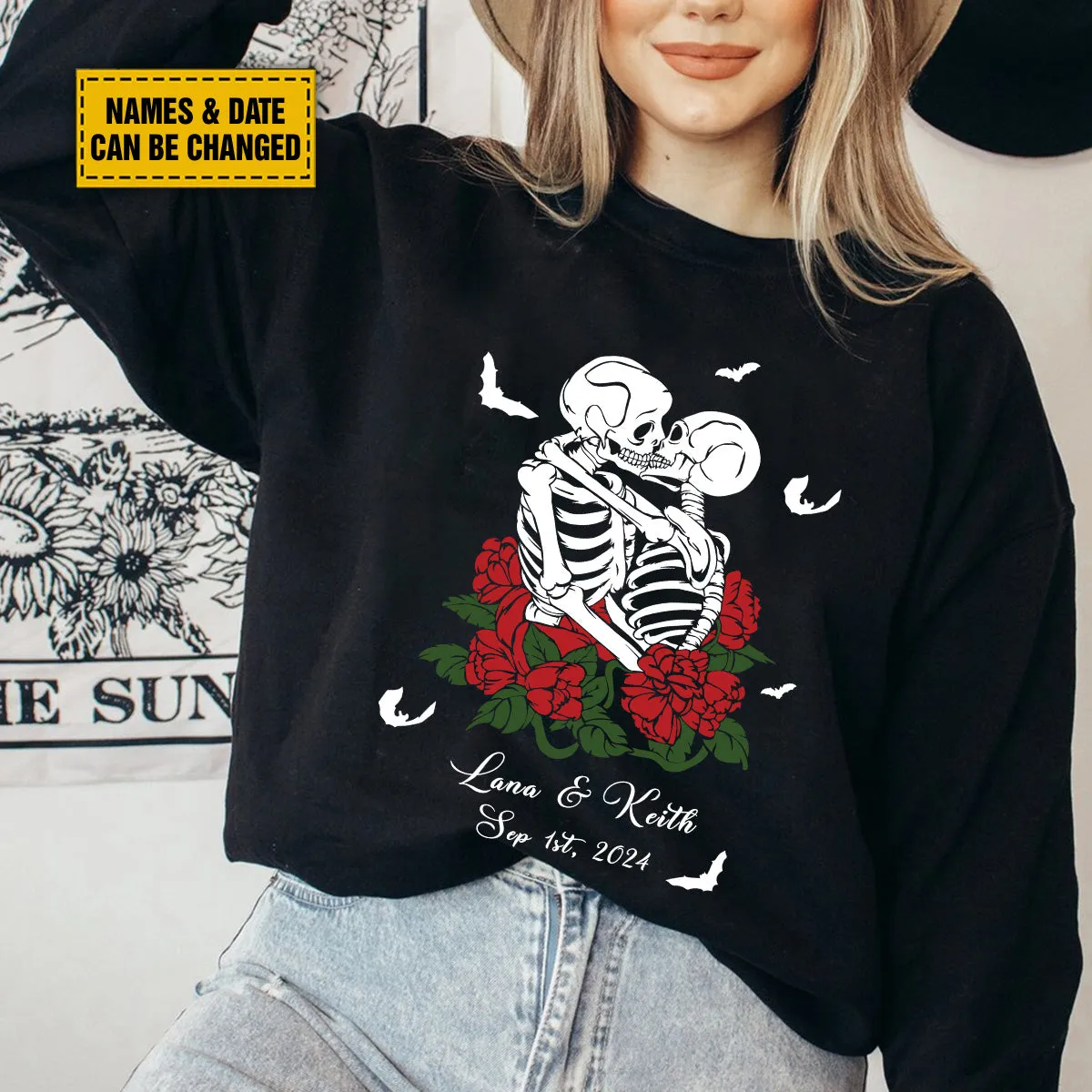 Teesdily | Personalized Spooky Skeleton Shirt, Couple Skeleton Halloween Hoodie Sweatshirt Mug, Skeleton Rose Romantic Couple Matching, Halloween Gift