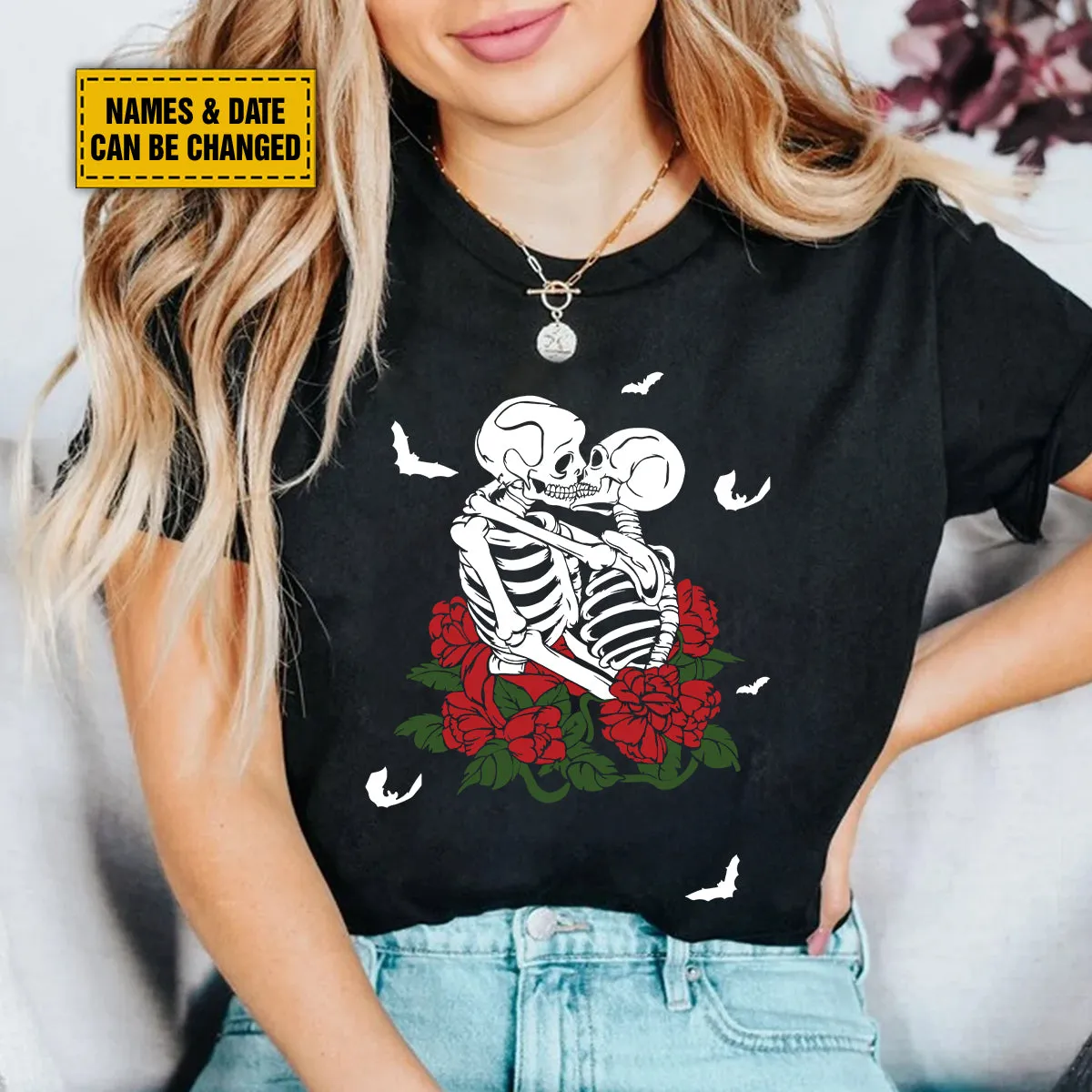 Teesdily | Personalized Spooky Skeleton Shirt, Couple Skeleton Halloween Hoodie Sweatshirt Mug, Skeleton Rose Romantic Couple Matching, Halloween Gift