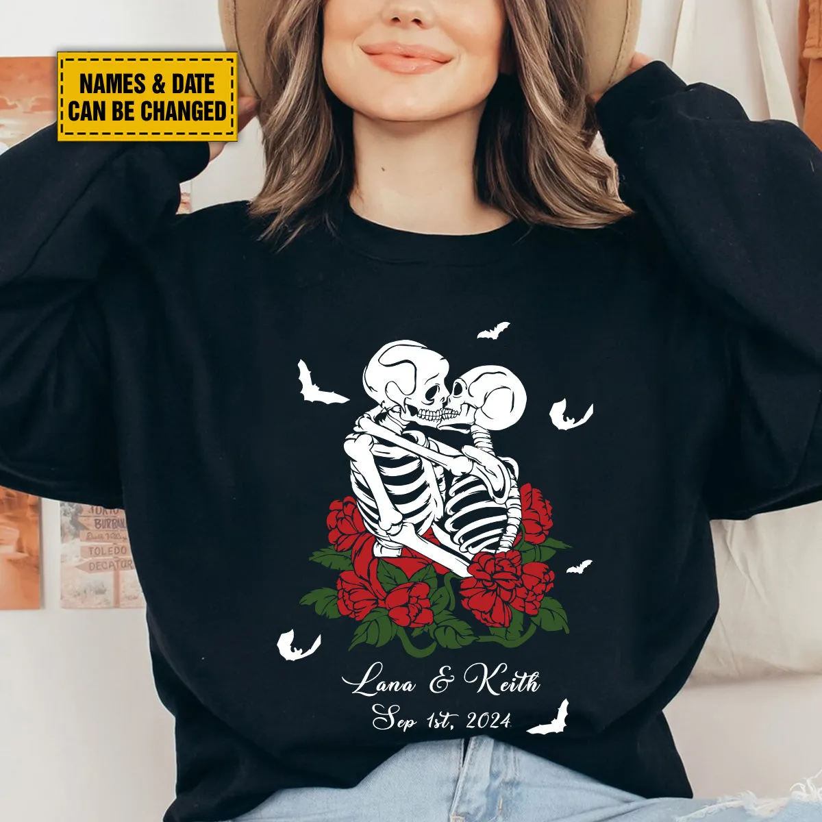 Teesdily | Personalized Spooky Skeleton Shirt, Couple Skeleton Halloween Hoodie Sweatshirt Mug, Skeleton Rose Romantic Couple Matching, Halloween Gift