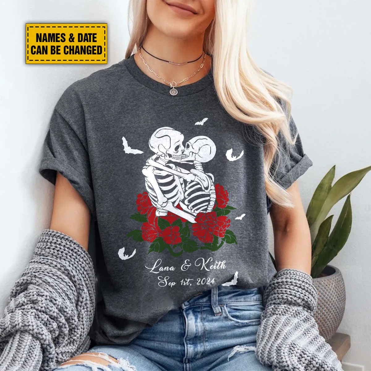 Teesdily | Personalized Spooky Skeleton Shirt, Couple Skeleton Halloween Hoodie Sweatshirt Mug, Skeleton Rose Romantic Couple Matching, Halloween Gift