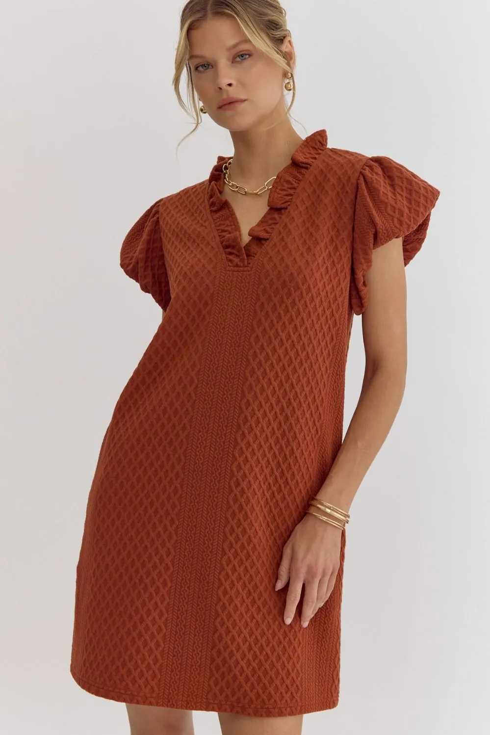 Textured Short-Sleeve Dress- Rust