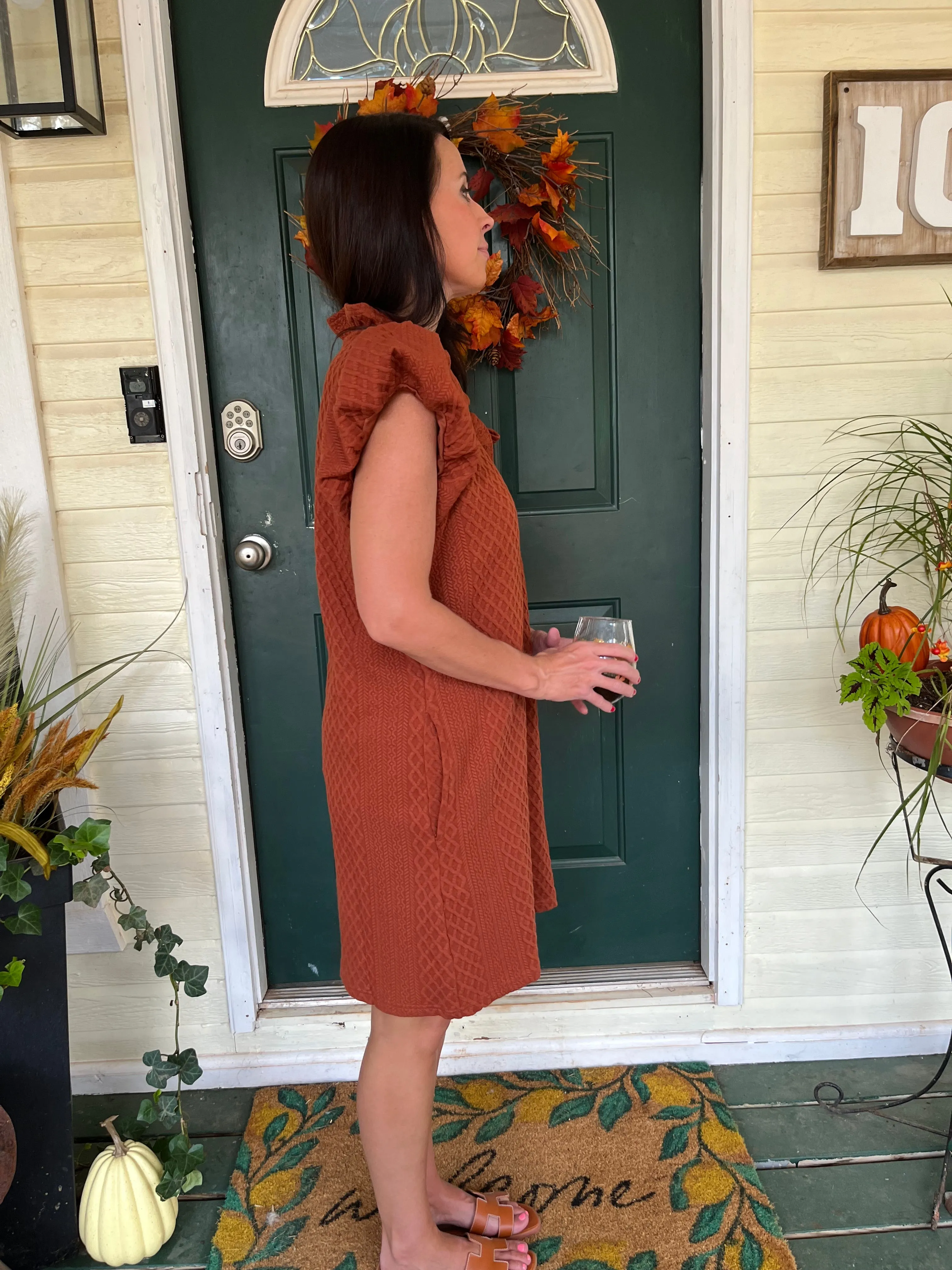 Textured Short-Sleeve Dress- Rust