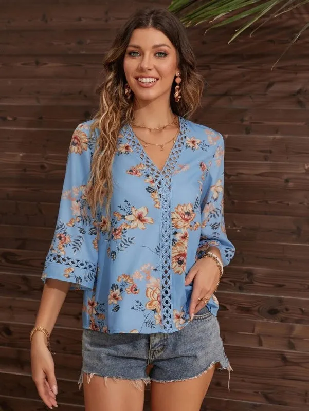 V-neck patchwork lace flared sleeve shirt